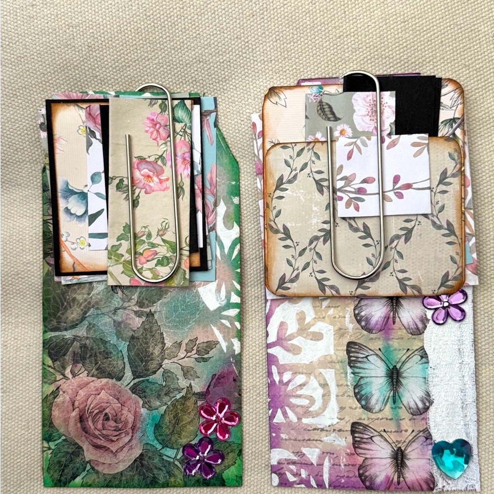 HANDMADE Hang Tags Note Sheets Large Paperclip Florals Pink Purple Blues